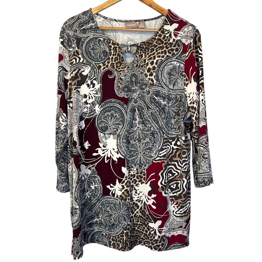 Chicos Womens Paisley Mingle Bead-Neck Tunic Top‎ XL Artsy Office Art to Wear